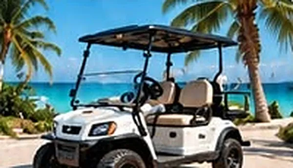 Imagen ilustrativa de un carrito de golf blanco de 2 pasajeros en la playa