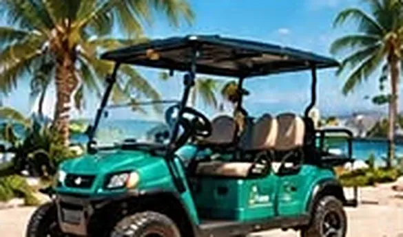 Imagen ilustrativa de un carrito de golf verde de 4 pasajeros en la playa