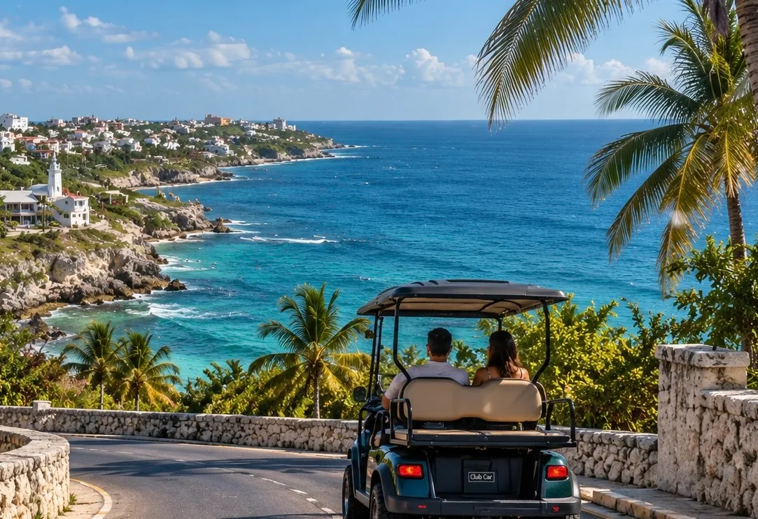 Imagen ilustrativa de una pareja en carrito de golf frente a la costa de una isla caribeña con faro